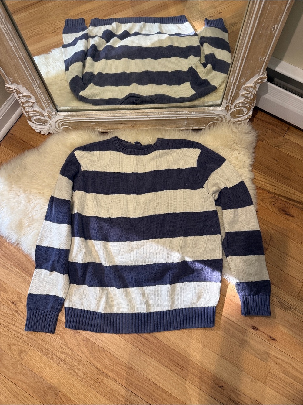 John Galt Navy and Cream Striped Crewneck Sweater